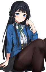 Rule 34 | 1girl, asato (fadeless), black hair, blue cardigan, blue eyes, blunt bangs, blush, breasts, brown pantyhose, buttons, cardigan, closed mouth, commentary request, feet out of frame, green ribbon, grey skirt, hair intakes, half updo, hand up, high-waist skirt, highres, idolmaster, idolmaster million live!, knees up, long hair, looking at viewer, medium breasts, miniskirt, mogami shizuka, neck ribbon, open cardigan, open clothes, pantyhose, ribbon, shirt, sidelocks, simple background, sitting, skirt, sleeves past elbows, solo, striped clothes, striped shirt, thighband pantyhose, vertical-striped clothes, vertical-striped shirt, white background, white shirt
