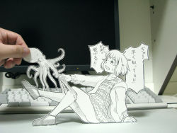 Rule 34 | 1girl, clenched teeth, dress, houkago teibou nisshi, jacket, monochrome, panties, panty pull, paper child, papercraft (medium), pulling another&#039;s clothes, sasaki yukinojou, shoes, sitting, speech bubble, squid, tears, teeth, translated, tsurugi hina, unconventional media, underwear