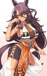Rule 34 | 1girl, absurdres, animal ears, arm at side, armlet, bracelet, braid, breasts, brown hair, cleavage, commentary request, crossed bangs, ear ornament, fingernails, gradient background, grey nails, hair between eyes, hand up, highres, horse ears, horse girl, horse tail, jewelry, large breasts, lips, long hair, looking at viewer, multicolored hair, nail polish, parted lips, partial commentary, pink eyes, pink hair, rigantona (umamusume), ringed eyes, see-through, shorts, smile, solo, tail, tan, twisted torso, two-tone hair, umamusume, very long hair, yasaka (rwrk4222)