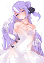 Rule 34 | 1girl, ahoge, azur lane, bare shoulders, blush, breasts, cleavage, cleavage cutout, clothing cutout, collarbone, commentary, covered navel, cowboy shot, criss-cross halter, dress, elbow gloves, gloves, hair between eyes, halter dress, halterneck, hands in hair, head tilt, highres, hip vent, long hair, looking at viewer, medium breasts, panties, parted lips, purple eyes, purple hair, ryoutsu, see-through, side ponytail, simple background, solo, thighhighs, underwear, unicorn (azur lane), white background, white dress, white gloves, white panties
