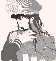 Rule 34 | 1girl, absurdres, closed mouth, expressionless, family crest, fate/grand order, fate (series), hair over one eye, hat, highres, long hair, long sleeves, looking to the side, medallion, military hat, military uniform, nobbu-dan 8, oda nobunaga (fate), oda uri, peaked cap, portrait, red eyes, simple background, solo, uniform