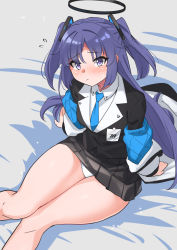 Rule 34 | 1girl, black jacket, black skirt, blue archive, blue necktie, blush, closed mouth, halo, highres, jacket, jacket partially removed, long hair, long sleeves, looking at viewer, miniskirt, necktie, off shoulder, open clothes, open jacket, panties, pantyshot, parted bangs, pleated skirt, purple eyes, purple hair, sidelocks, sitting, skirt, solo, thighs, two-sided fabric, two-sided jacket, two side up, underwear, white panties, yuuichi (reductionblack), yuuka (blue archive)