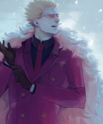 Rule 34 | 1boy, black shirt, blonde hair, brown gloves, business suit, coat, donquixote doflamingo, earrings, feather coat, formal, gloves, highres, inu7efd, jewelry, long sleeves, male focus, necktie, one piece, pink coat, red necktie, red suit, shirt, short hair, snowflakes, solo, spiked hair, suit, sunglasses, upper body