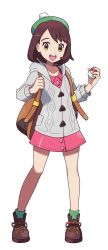 Rule 34 | 1girl, absurdres, anime coloring, backpack, bag, brown bag, brown eyes, brown footwear, brown hair, cardigan, closed mouth, commentary, creatures (company), dress, full body, game freak, gazing eye, gloria (pokemon), green hat, green socks, grey cardigan, hat, highres, holding, looking at viewer, nintendo, official style, open mouth, parody, pink dress, poke ball, pokemon, pokemon swsh, short hair, simple background, smile, socks, solo, style parody, tam o&#039; shanter, teeth, transparent background, upper teeth only, white background