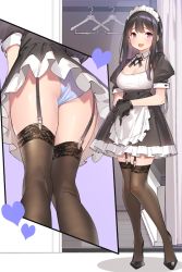Rule 34 | 1girl, :d, apron, ass, black dress, black gloves, black hair, blue panties, breasts, brown thighhighs, cleavage, clothes hanger, detached collar, dress, flats, frilled dress, frills, full body, garter straps, gloves, heart, long hair, looking at viewer, maid, maid apron, maid headdress, medium breasts, multiple views, open mouth, original, panties, popqn, purple eyes, short sleeves, sidelocks, smile, standing, thighhighs, underwear, waist apron, zettai ryouiki