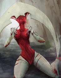 Rule 34 | 1girl, blood, breasts, claws, elesh norn, grand cenobite, fingernails, highres, kneeling, long fingernails, magic: the gathering, monster girl, nipples, open mouth, pussy, solo, tinyfaceart