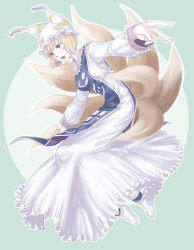 Rule 34 | 1girl, :d, animal ears, animal hat, bad id, bad pixiv id, blonde hair, dress, floating, fox tail, from side, full body, hat, kitsune, kyuu umi, kyuubi, long sleeves, looking away, mob cap, multiple tails, open mouth, outstretched arms, puffy long sleeves, puffy sleeves, purple eyes, shoes, short hair, smile, solo, spread arms, tabard, tail, tassel, touhou, white dress, white footwear, yakumo ran