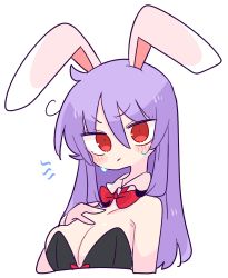 Rule 34 | 1girl, animal ears, bow, bowtie, breasts, cleavage, highres, leotard, long hair, looking at viewer, op na yarou, playboy bunny, purple hair, rabbit ears, red eyes, reisen udongein inaba, simple background, skindentation, solo, touhou, white background