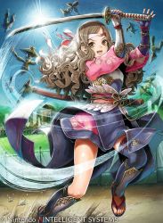 Rule 34 | 1girl, arm guards, armor, black thighhighs, company connection, copyright name, daigoman, feet, fingerless gloves, fire emblem, fire emblem cipher, fire emblem fates, floral print, gloves, grey eyes, grey hair, hana (fire emblem), headband, holding, holding weapon, japanese clothes, long hair, nintendo, obi, open mouth, sandals, sash, single thighhigh, smile, solo, sword, thighhighs, toeless legwear, toes, wavy hair, weapon, zettai ryouiki