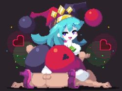 Rule 34 | animated, ass, blue hair, bouncing ass, breasts, clown, cowgirl position, happy, hat, huge ass, jester cap, large breasts, open mouth, pixel art, sex, smile, smug, straddling, tacchon, tagme, video
