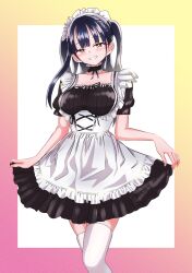 1girl alternate_costume apron black_dress blue_hair blush boku_no_kokoro_no_yabai_yatsu brown_eyes choker clenched_teeth dark_blue_hair dress enmaided frilled_apron frilled_choker frills highres long_hair m2bou maid maid_apron maid_headdress short_sleeves skirt_hold smile solo standing teeth thighhighs two_side_up white_apron white_thighhighs yamada_anna zettai_ryouiki