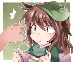 Rule 34 | 1girl, ^^^, bad id, bad pixiv id, blush, brown eyes, brown hair, commentary request, contact lens, unworn eyewear, futatsuiwa mamizou, glasses, hammer (sunset beach), holding, holding removed eyewear, leaf, leaf on head, long hair, md5 mismatch, object on head, scarf, solo focus, touhou, upper body