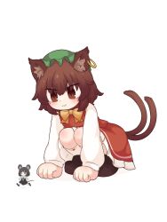 Rule 34 | 2girls, :3, animal ear fluff, animal ear piercing, animal ears, blackbad, blush, bow, bowtie, brown eyes, brown hair, cat ears, cat tail, chen, commentary request, earrings, frills, full body, green headwear, hair between eyes, hat, highres, jewelry, knees, long sleeves, looking at another, mini person, minigirl, mob cap, multiple girls, multiple tails, nazrin, nekomata, petticoat, puffy long sleeves, puffy sleeves, red skirt, red vest, running, simple background, single earring, size difference, skirt, skirt set, squatting, tail, touhou, two tails, v-shaped eyebrows, vest, white background, yellow bow, yellow bowtie