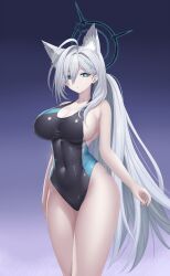Rule 34 | absurdres, animal ear fluff, animal ears, asamura hiori, blue archive, breasts, broken halo, competition swimsuit, covered navel, cross hair ornament, dark halo, extra ears, grey hair, hair ornament, halo, highleg, highleg swimsuit, highres, huge breasts, mismatched pupils, one-piece swimsuit, ponytail, shiroko (blue archive), shiroko terror (blue archive), swimsuit, wolf ears