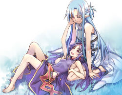 Rule 34 | 10s, 2girls, :d, ahoge, asuna (sao), asuna (sao-alo), barefoot, blue hair, blush, colored eyelashes, covered navel, crying, dress, elf, closed eyes, grass, hairband, hand on another&#039;s cheek, hand on another&#039;s face, lap pillow, long hair, long legs, lying, matsuryuu, multiple girls, on back, open mouth, pointy ears, purple hair, red eyes, sitting, smile, sword art online, tears, wariza, yuuki (sao)