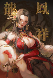Rule 34 | 1girl, amazon warrior, bare shoulders, black hair, blue eyes, boa hancock, breasts, china dress, chinese clothes, cleavage, cleavage cutout, clothing cutout, crossed legs, detached sleeves, dress, dywx poison, earrings, forehead, gold, hair ornament, highres, holding, holding smoking pipe, huge breasts, jewelry, kiseru, lipstick, long hair, makeup, one piece, sitting, smile, smoking pipe, snake, snake earrings, solo, thighhighs