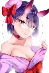 Rule 34 | 1girl, areola slip, assassin (shouten-douji), bad id, bad pixiv id, bare shoulders, blush, bob cut, choker, collarbone, fate/grand order, fate (series), glasses, highres, horns, japanese clothes, purple eyes, purple hair, short hair, shuten douji (dress for demons) (fate), shuten douji (fate), simple background, smile, solo, white background
