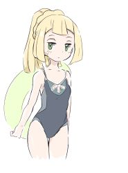 Rule 34 | 1girl, bare shoulders, blonde hair, creatures (company), game freak, green eyes, grey one-piece swimsuit, highres, innertube, lillie (pokemon), long hair, nagitaro, nintendo, one-piece swimsuit, pokemon, pokemon sm, ponytail, simple background, solo, standing, swim ring, swimsuit, white background