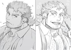 Rule 34 | 1boy, bara, chest hair, cigarette, facial hair, greyscale, harada (basashi), long sideburns, male focus, mature male, medium hair, monochrome, mononobe kyoma, muscular, muscular male, old, old man, partially unbuttoned, pectoral cleavage, pectorals, sideburns, sidepec, smile, stubble, thick eyebrows, tokyo houkago summoners, upper body