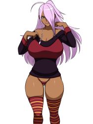Rule 34 | 00s, 1girl, bare shoulders, breasts, curvy, dark-skinned female, dark skin, dragonaut, full body, garnet mclane, hair over one eye, highres, huge breasts, long hair, nikcesco, solo, striped clothes, striped thighhighs, sweater, thighhighs, thong, transparent background