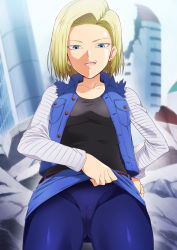 Rule 34 | 1girl, android 18, belt, black shirt, blonde hair, blue eyes, blue skirt, bob cut, breasts, cameltoe, cleft of venus, clothes lift, cowboy shot, dragon ball, dragonball z, earrings, hand on own hip, highres, hoop earrings, jacket, jewelry, kaiga, legs, looking at viewer, open clothes, open jacket, open mouth, outdoors, panties, panties under pantyhose, pantyhose, raglan sleeves, shirt, short hair, skirt, skirt lift, smile, solo, standing, thighs, underwear
