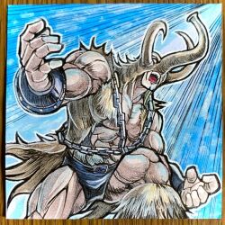 Rule 34 | 1boy, abs, artist request, biceps, chain, clenched hand, fur trim, horns, kinnikuman, large pectorals, looking to the side, mammoth horns, mammothman, manly, mask, monster boy, muscular, pectorals, photo (medium), red eyes, shikishi, sky, standing, watermark, wrestling, wrestling outfit