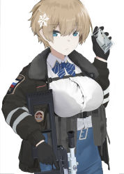 Rule 34 | 1girl, belt, black gloves, black jacket, blonde hair, blue belt, blue bow, blue bowtie, blue eyes, blue skirt, bow, bowtie, breasts, buckle, card, closed mouth, collared shirt, commentary, cowboy shot, girls&#039; frontline, gloves, gun, hair between eyes, hair ornament, hand up, highres, holding, holding card, holding gun, holding weapon, id card, jacket, large breasts, long sleeves, looking at viewer, magazine (weapon), open clothes, open jacket, pencil skirt, poyi (max30788), rifle, russian flag, shirt, shirt tucked in, short hair, sidelocks, simple background, skirt, snap-fit buckle, sniper rifle, snowflake hair ornament, solo, standing, striped bow, striped bowtie, striped clothes, underbust, vsk-94, vsk-94 (girls&#039; frontline), weapon, white background, white shirt