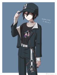 1boy alternate_costume belt black_hair black_nails black_pants border brown_eyes cowboy_shot danganronpa_(series) danganronpa_v3:_killing_harmony green_background grey_belt hair_between_eyes highres jacket long_sleeves nail_polish open_clothes open_jacket pants saihara_shuichi short_hair smile solo suiren_yurei translation_request white_border