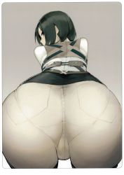Rule 34 | 1girl, absurdres, ass, ass focus, bent over, black eyes, black hair, from behind, highres, looking at viewer, looking back, mikasa ackerman, namaniku atk, pantylines, scan, shingeki no kyojin, simple background, solo, thigh strap, wide hips