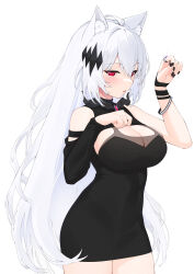 Rule 34 | 1girl, absurdres, ahoge, animal ear fluff, animal ears, ao (aokisora ao), asymmetrical sleeves, bare shoulders, black dress, black nails, blush, bracelet, breasts, cat ears, cleavage, covered navel, dress, hair between eyes, hands up, highres, indie virtual youtuber, jewelry, kamishiro nia, large breasts, long hair, looking at viewer, necklace, parted lips, paw pose, red eyes, ring, short dress, simple background, solo, sparkle, virtual youtuber, white background, white hair