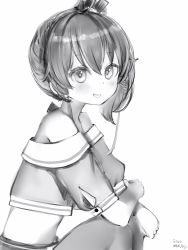 Rule 34 | 1girl, ahoge, bare shoulders, blush, dated, from side, greyscale, highres, hololive, looking at viewer, looking to the side, midriff, monochrome, nanashi (nlo), natsuiro matsuri, natsuiro matsuri (1st costume), shirt, short sleeves, simple background, smile, solo, virtual youtuber, white background