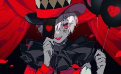 1boy, ace of hearts, balloon, barcode tattoo, clown, envy baby (vocaloid), fangs, heart, highres, holding, holding balloon, holding playing card, mafumafu, mochizuki kei, niconico, one eye covered, red curtains, red eyes, solo, stage curtains, tattoo, tongue, tongue out, vocaloid, white hair