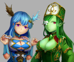 Rule 34 | 2girls, armadel (p&amp;d), ars paulina (p&amp;d), asymmetrical horns, bad id, bad pixiv id, bare shoulders, bracer, breasts, cleavage, colored skin, detached collar, dress, flower eyepatch, frills, gem, green hair, green skin, grey background, hair ornament, hair over one eye, hat, horns, large breasts, long hair, looking at viewer, medium breasts, mismatched horns, monster girl, mrider, multiple girls, parted lips, pink eyes, plant girl, pointy ears, purple eyes, puzzle &amp; dragons, red eyes, simple background, smile, wide sleeves