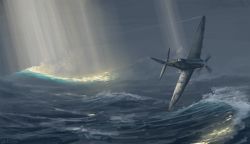 Rule 34 | aircraft, airplane, artist name, camouflage, cloud, contrail, hawker hurricane, light beam, no humans, ocean, ogata tank, real life, sea spray, vehicle focus, water, waves