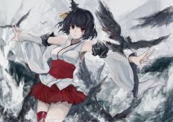Rule 34 | 10s, 1girl, bare shoulders, bird, black hair, blood, blood on face, breasts, detached sleeves, gradient background, hair ornament, kantai collection, medium breasts, nontraditional miko, outstretched arms, pleated skirt, red eyes, skirt, solo, vicious kage, yamashiro (kancolle)