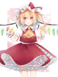 Rule 34 | 1girl, ascot, blonde hair, blush, collared shirt, crystal, fingernails, flandre scarlet, frilled shirt collar, frilled skirt, frills, furawast, hair between eyes, hat, highres, long hair, looking at viewer, mob cap, nail polish, parted lips, puffy short sleeves, puffy sleeves, red eyes, red nails, red skirt, red vest, shirt, short sleeves, side ponytail, skirt, solo, straight-on, touhou, vest, white hat, white shirt, wings, wrist cuffs, yellow ascot