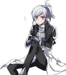 Rule 34 | 00s, 1girl, 6 (yuchae), armor, blush, breastplate, gauntlets, gloves, grey hair, hand on own knee, melty blood, ponytail, purple eyes, riesbyfe stridberg, sitting, solo, tsukihime, white hair