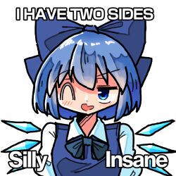 Rule 34 | 1girl, blue bow, blue bowtie, blue eyes, blue hair, blue jacket, blush, bow, bowtie, cirno, collared shirt, detached wings, dot nose, english text, evil smile, fairy, fairy wings, hair between eyes, hair bow, hatching (texture), ice, ice wings, jacket, kasuya baian, linear hatching, long sleeves, looking to the side, one eye closed, open mouth, shirt, short hair, simple background, smile, solo, touhou, traditional bowtie, white background, white shirt, wings