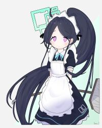 Rule 34 | 1girl, absurdres, apron, aqua halo, aqua ribbon, aris (blue archive), aris (maid) (blue archive), arms behind back, black dress, black hair, blue archive, broom, coldfoom, dress, frilled apron, frills, green halo, halo, highres, holding, holding broom, long hair, looking at viewer, maid, maid apron, maid headdress, number print, official alternate costume, pink eyes, ponytail, ribbon, ringed eyes, solo, white apron