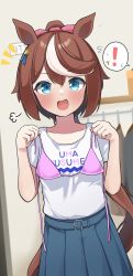 Rule 34 | !, absurdres, alternate costume, animal ears, bikini, blue eyes, blurry, blurry background, blush, brown hair, casual, commentary request, gokurin, highres, horse ears, horse girl, horse tail, looking at viewer, open mouth, ponytail, swimsuit, tail, tokai teio (umamusume), umamusume, unworn swimsuit