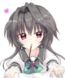 Rule 34 | 1girl, 9-nine-, black collar, black hair, blush, bow, closed mouth, collar, commentary request, enotarou1, eyelashes, eyes visible through hair, food, food in mouth, frilled sleeves, frills, green bow, hair between eyes, hair intakes, heart, incoming pocky kiss, juliet sleeves, long sleeves, looking at viewer, pocky, pocky in mouth, pov, puffy sleeves, red eyes, school uniform, shirt, short hair with long locks, simple background, solo, tsurime, upper body, white background, white shirt, yuuki noa