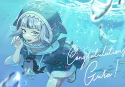 Rule 34 | 1girl, animal hood, bloop (gawr gura), blue eyes, character name, commentary, congratulations, english commentary, fins, fish tail, gawr gura, gawr gura (1st costume), highres, hololive, hololive english, hood, looking at viewer, open mouth, ryuko lee, shark hood, sharp teeth, solo, swimming, tail, teeth, underwater, virtual youtuber, white hair