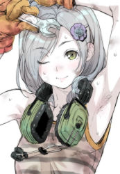 Rule 34 | 1girl, ;), arm up, armpit hair, armpits, dirty, dirty face, ear protection, gloves, green eyes, hair ornament, hairclip, headphones, headphones around neck, headset, kink (tortoiseshell), long hair, metal gear (series), metal gear rising: revengeance, metal gear solid, metal gear solid 4: guns of the patriots, one eye closed, silver hair, smile, solo, striped, sunny emmerich, sweat, tank top, wink, wrench