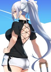 Rule 34 | 1girl, ass, back, back cutout, bad id, bad twitter id, black shirt, blue background, blush, bow, breasts, casual, closed mouth, clothing cutout, cowboy shot, cross-laced clothes, earrings, from behind, hair bow, hand on own hip, high ponytail, highres, higuchi kaede, jewelry, large breasts, looking at viewer, looking back, nijisanji, nuezou, profile, purple eyes, shirt, short shorts, short sleeves, shorts, shoulder blades, sidelocks, silver hair, solo, two-tone background, virtual youtuber, white background, white bow, white shorts