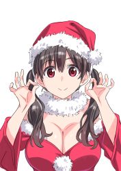 Rule 34 | 1girl, breasts, brown hair, christmas, cleavage, commentary request, dress, fur trim, hat, highres, large breasts, long hair, looking at viewer, nirasawa hiyoko, ok sign, original, red dress, red eyes, red hat, santa costume, santa hat, simple background, smile, solo, suzutsuki kurara, twintails, white background, wide sleeves