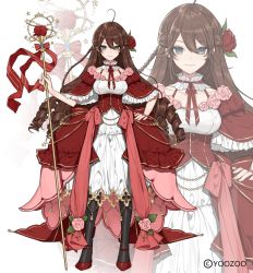 Rule 34 | 1girl, ahoge, braid, breasts, brown hair, character request, collarbone, commentary request, dress, flower, full body, hair between eyes, hanagata, large breasts, long hair, looking at viewer, multiple views, official art, red:pride of eden, rose, simple background, smile, standing, white background