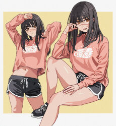 Rule 34 | 1girl, black hair, chainsaw man, highres, long hair, looking at viewer, midriff peek, navel, scar, shiren (ourboy83), shoes, shorts, simple background, sitting, sneakers, yoru (chainsaw man)