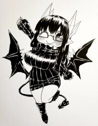Rule 34 | 1girl, black-framed eyewear, black hair, black sweater, black tail, black wings, breasts, chibi, colored skin, commentary, contrapposto, curvy, demon girl, demon horns, demon tail, grey eyes, hair between eyes, highres, horns, ink, large breasts, limited palette, long hair, merii (mazohaha), monochrome, musuko ga kawaikute shikatanai mazoku no hahaoya, one eye closed, outstretched arms, ribbed sweater, semi-rimless eyewear, simple background, smile, solo, spread arms, standing, standing on one leg, sweater, tail, thighs, traditional media, under-rim eyewear, white background, white horns, white skin, wings, zyugoya