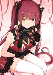 Rule 34 | 1girl, bare shoulders, black bow, black gloves, black neckwear, blunt bangs, blush, bow, breasts, cleavage, clothes lift, commentary request, dress, dress lift, frills, gloves, grin, hair ribbon, hand on own stomach, hand up, heterochromia, highres, holding, hololive, houshou marine, index finger raised, kaname (melaninusa09), large breasts, leaning forward, long hair, looking at viewer, parted lips, red eyes, red hair, ribbon, see-through, see-through cleavage, sitting, skirt, sleeveless, smile, solo, thighhighs, twintails, very long hair, virtual youtuber, white thighhighs, yellow eyes