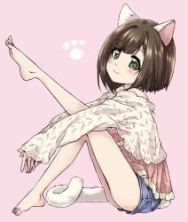 Rule 34 | 1girl, animal ears, barefoot, blouse, blue shorts, brown hair, brown jacket, cat ears, cat tail, closed mouth, commentary request, feet, floral print, from side, green eyes, highres, idolmaster, idolmaster cinderella girls, jacket, kuroi mimei, leg up, looking at viewer, maekawa miku, orange shirt, own hands together, paw print, pink background, print shirt, shirt, short hair, short shorts, shorts, simple background, sitting, smile, solo, tail, toes